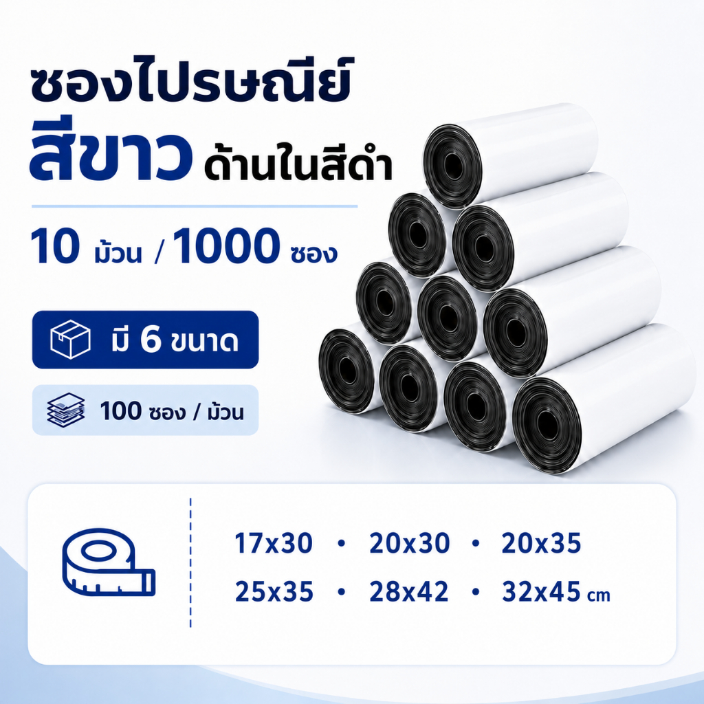 ถุงไปรษณีย์สีขาว 10 ม้วน 100 ซอง ซองพัสดุแพ็คของ กันน้ำ ทึบแสง กาวแน่น แพ็คใหญ่คุ้มกว่า หลายขนาด
