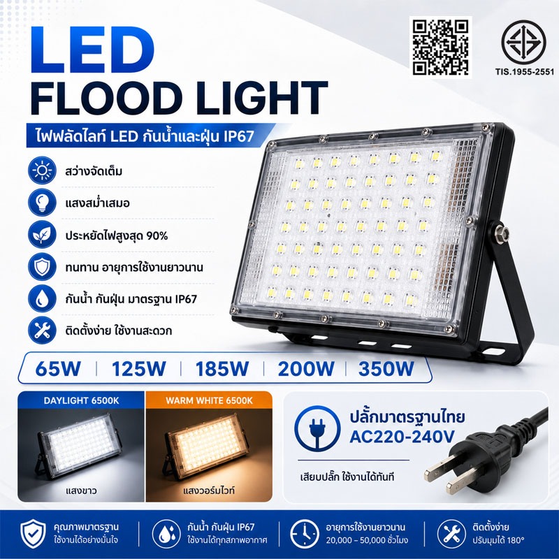 ไฟสปอร์ตไลท์ LED ไฟส่องทาง ไฟถนน 65W 125W 185W 200W 350W IP67 กันน้ำ พร้อมปลั๊ก ใช้งานกลางแจ้ง แสงสว่างสูง