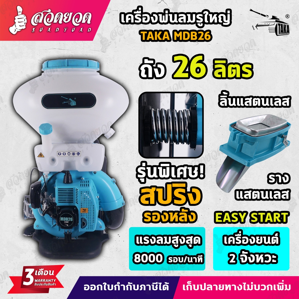 เครื่องพ่นปุ๋ย พ่นน้ำ พ่นลม ขนาด 14,20,26 ลิตร 2 จังหวะ TAKA MDB ลิ้นและรางสแตนเลส รับประกัน 3 เดือน นาสวนไร่