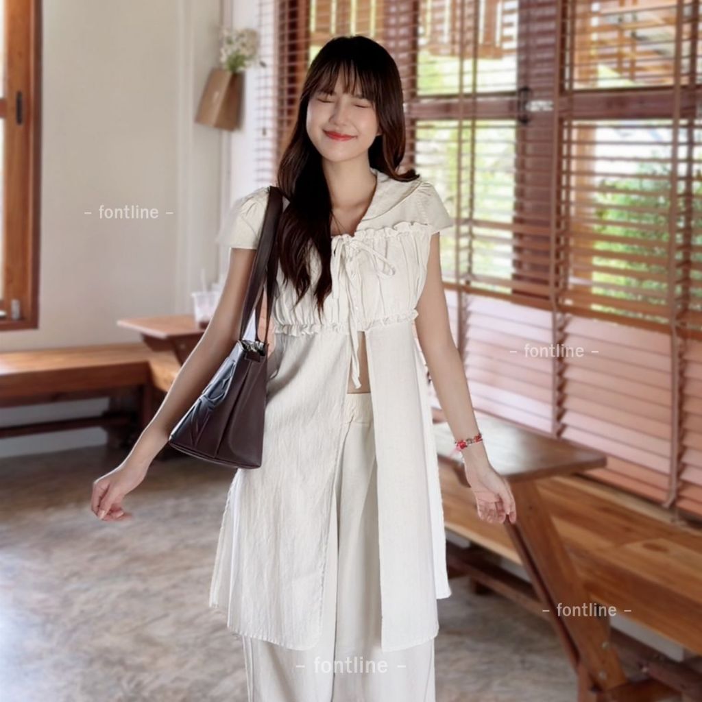 FONTLINE มินิเดรสน่ารัก ผ้าฝ้ายฟอกนุ่ม เดรสพรางหุ่น มี2ไซส์ให้เลือก เดรสคอทหารเรือ ชายเดรสผ่า3ทาง สไตล์มินิมอล (V102)