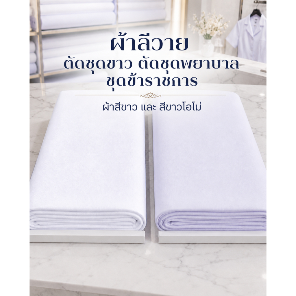 ผ้าเมตร ผ้าลีวาย ตัดชุดขาว ตัดชุดพยาบาล ชุดข้าราชการ ผ้าสีขาวโอโม่ สีขาว หน้ากว้าง 60 นิ้ว หน่วยขายเป็นเมตร