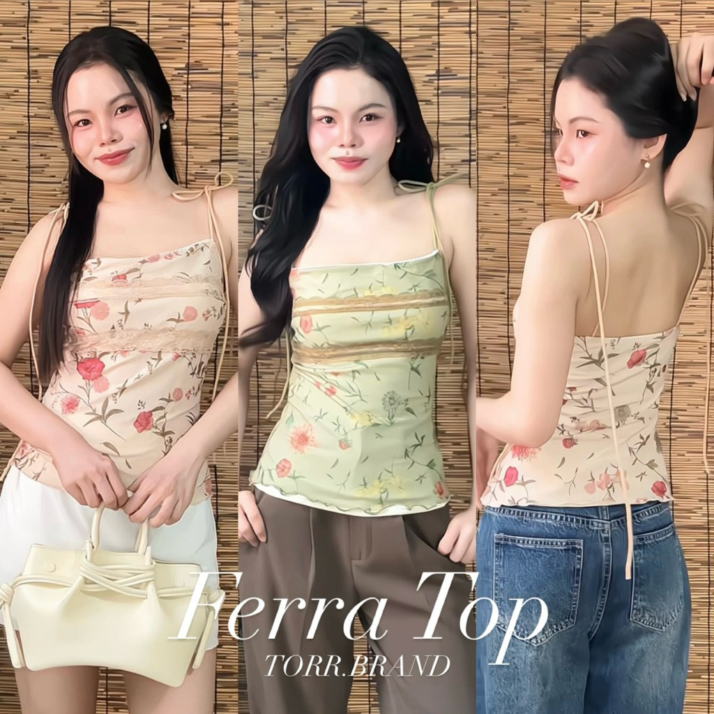 TORR : FERRA TOP เสื้อสายเดี่ยวผูกโบว์ ผ้าตาข่าย ลายดอกไม้ ซันในทั้งตัว