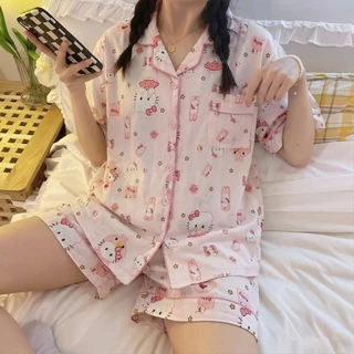 ชุดนอนลายสุนัขน่ารัก เซ็ต 2 ชิ้น เสื้อสั้นกางเกงสั้น สไตล์สาวหวาน ผ้าคลาวด์คอตตอนนุ่มละมุนผิวใส่สบาย เหมาะฤดูร้อน มีไซส์