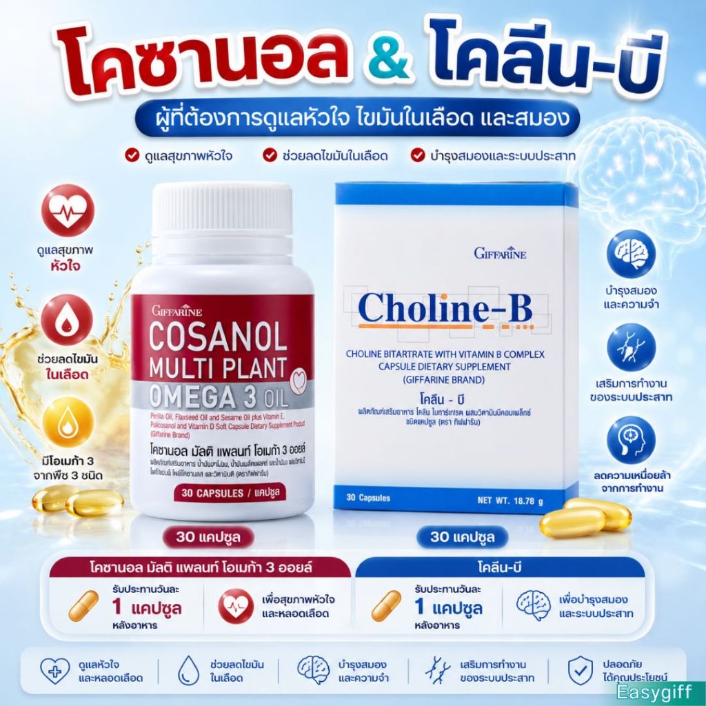 โคซานอล & โคลีนบี กิฟฟารีน ดูแลสมองและระบบประสาท ลดคอเลสเตอรอลไม่ดี (LDL) เพิ่มคอเลสเตอรอลดี (HDL)