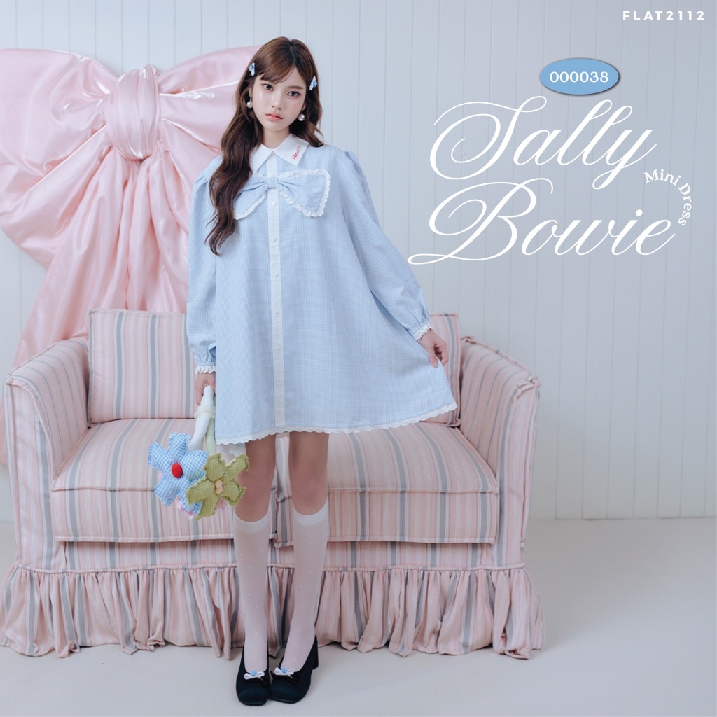 FLAT2112 : SALLY BOWIE MINI DRESS เดรสสั้นสีฟ้าพาสเทล ดีไซน์เรียบหรู เดรสลูกคุณหนู เดรสโอเวอร์ไซซ์ (000038)