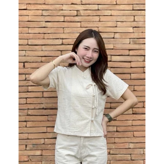 เสื้อพื้นเมืองผู้หญิงคอจีนกระดุมมุกป้ายผูกบัวดอกทิวลิป