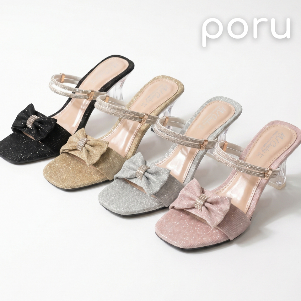 [ส่งฟรี]PORU รองเท้าส้นแก้วสูง 2 นิ้ว แต่งโบว์สายเพชร รองเท้าส้นสูง พร้อมส่งจากไทย ไซส์ 36-40