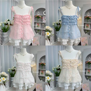 (อก28-40) เสื้อสายผูกระบายหวานพาสเทล เสื้อสายที่เดี่ยวผูกไหล่ ระบายหน้า สาวอวบใส่ได้อกถึง 40นิ้ว