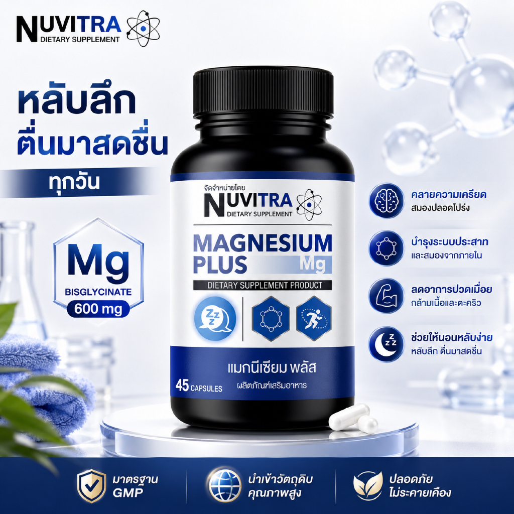NUVITRA MAGNESIUM PLUS แมกนีเซียม พลัส 45 capsules Magnesium Glycinate อาหารเสริมสำหรับผู้ป่วยไมเกรน นอนหลับดี