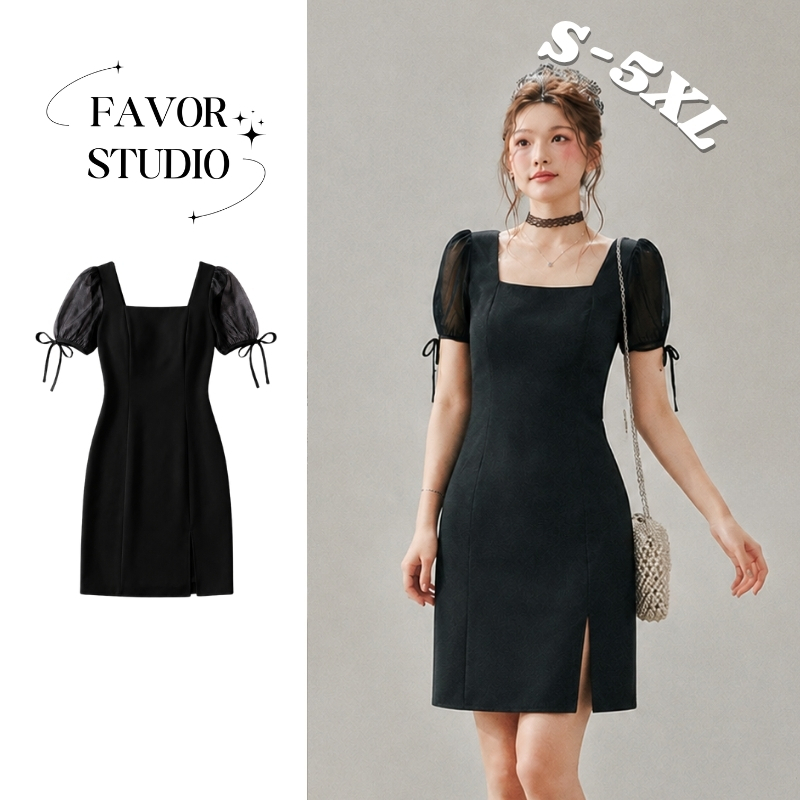พร้อมส่ง S-5XL【EVIOVIO】 ชุดเดรสทำงานผู้หญิง คอเหลี่ยมแขนตุ๊กตา เดรสสั้น สไตล์เกาหลี ไปงานแต่ง หรูหราดูดี สาวอวบ