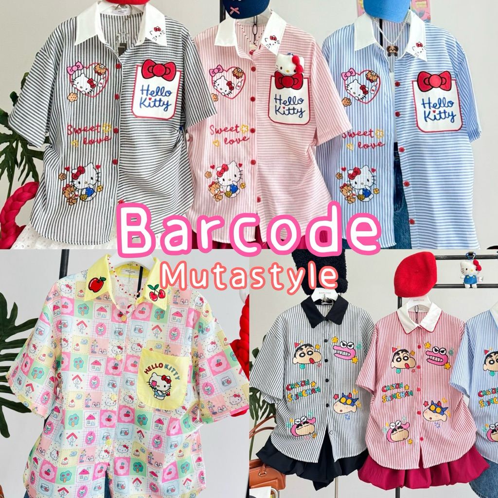 ◡̈ เสื้อเชิ้ตป้ายBarcode งานปักน่ารักๆ ผ้าลินิน/อก44นิ้ว