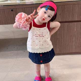 PRINCESS KESLI ชุดสูทเด็กผู้หญิงแฟชั่น 2 ชิ้น เสื้อเด็ก+กระโปรงยีน สไตล์เกาหลี ใส่สบายระบายอากาศ ฤดูร้อน 2-12 ปี