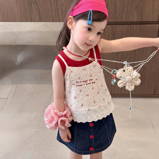 PRINCESS KESLI ชุดสูทเด็กผู้หญิงแฟชั่น 2 ชิ้น เสื้อเด็ก+กระโปรงยีน สไตล์เกาหลี ใส่สบายระบายอากาศ ฤดูร้อน 2-12 ปี