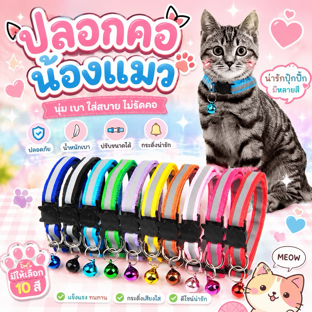 ปลอกคอสัตว์เลี้ยง ปลอกคอแมว พร้อมตัวล็อกนิรภัยสะท้อนแสง พร้อมกระดิ่ง ป้องกันการหลงหาย