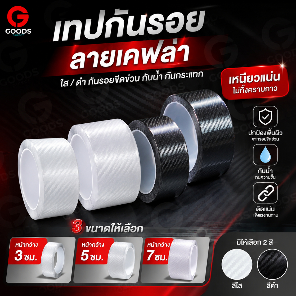 เทปนาโน เทปกันรอย เทปกาวเคฟล่า เทปกาวคาร์บอนไฟเบอร์ ลายเคฟล่า Carbon Fiber มี2สี ดำ-ใส  ยาว3ม. 5ม.