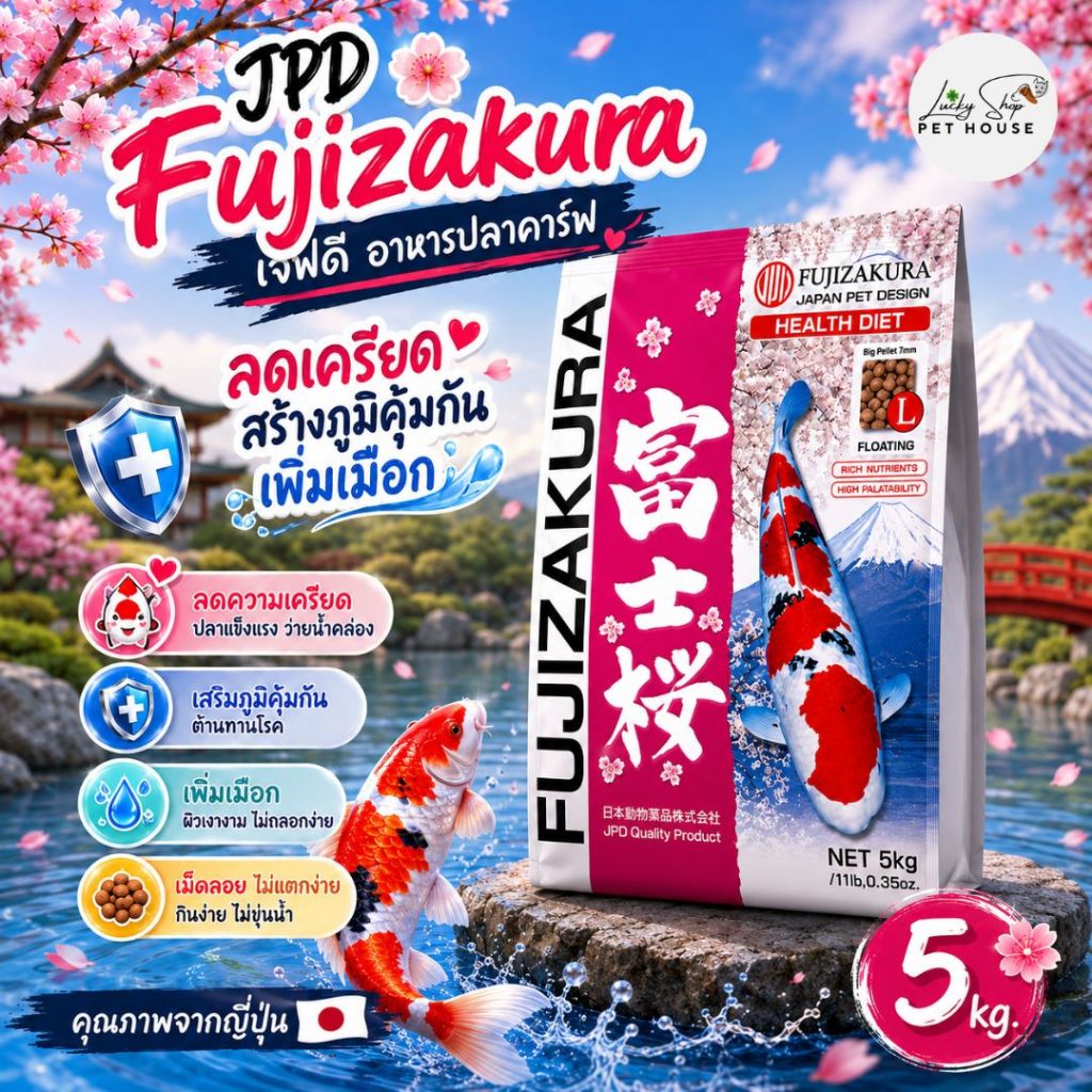 JPD Fujizakura อาหารปลาคาร์ฟ สูตรลดเครียด เสริมภูมิคุ้มกัน เพิ่มเมือก (เม็ดลอย) 5 กก.