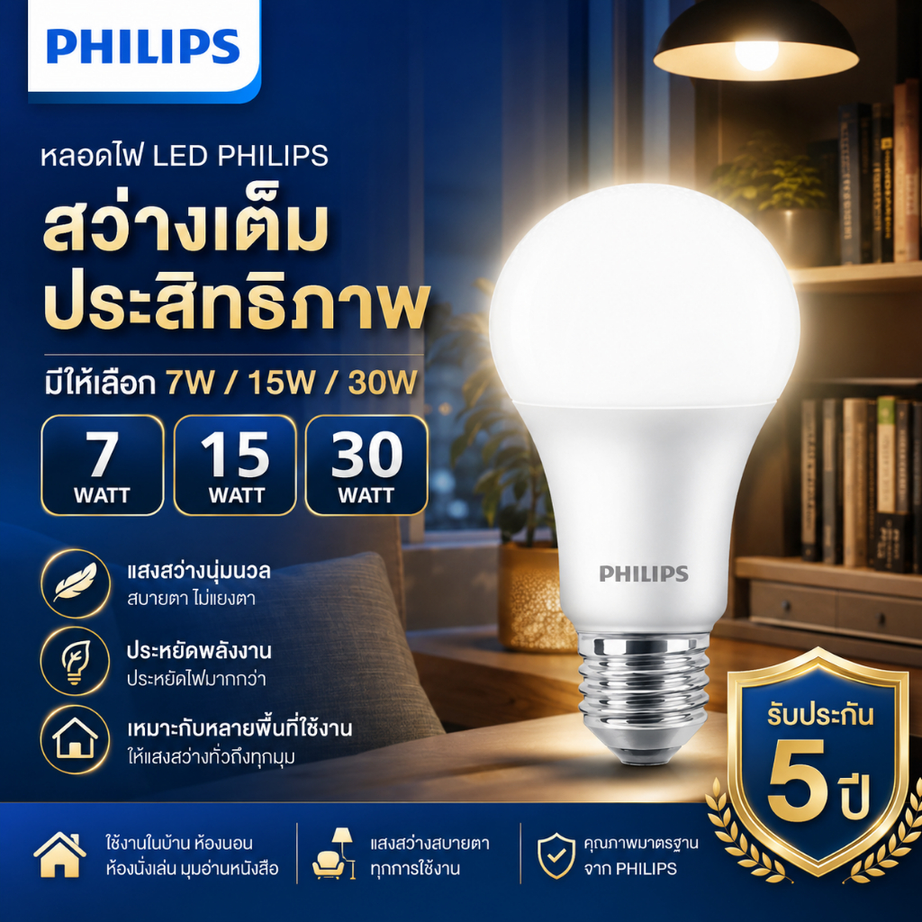 PHILIPS หลอดไฟ LED รับประกัน 5 ปี 7W 15W 30W แสงขาว ประหยัดไฟ สำหรับบ้าน