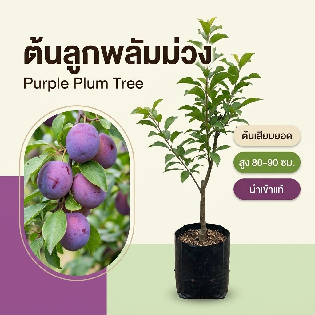 ต้นลูกพลัมม่วง Purple Plum Tree ต้นเสียบยอด นำเข้าแท้ สูง 80-90 ซม. ฟอร์มลำต้นแข็งแรง ไม้ผลน่าสะสม