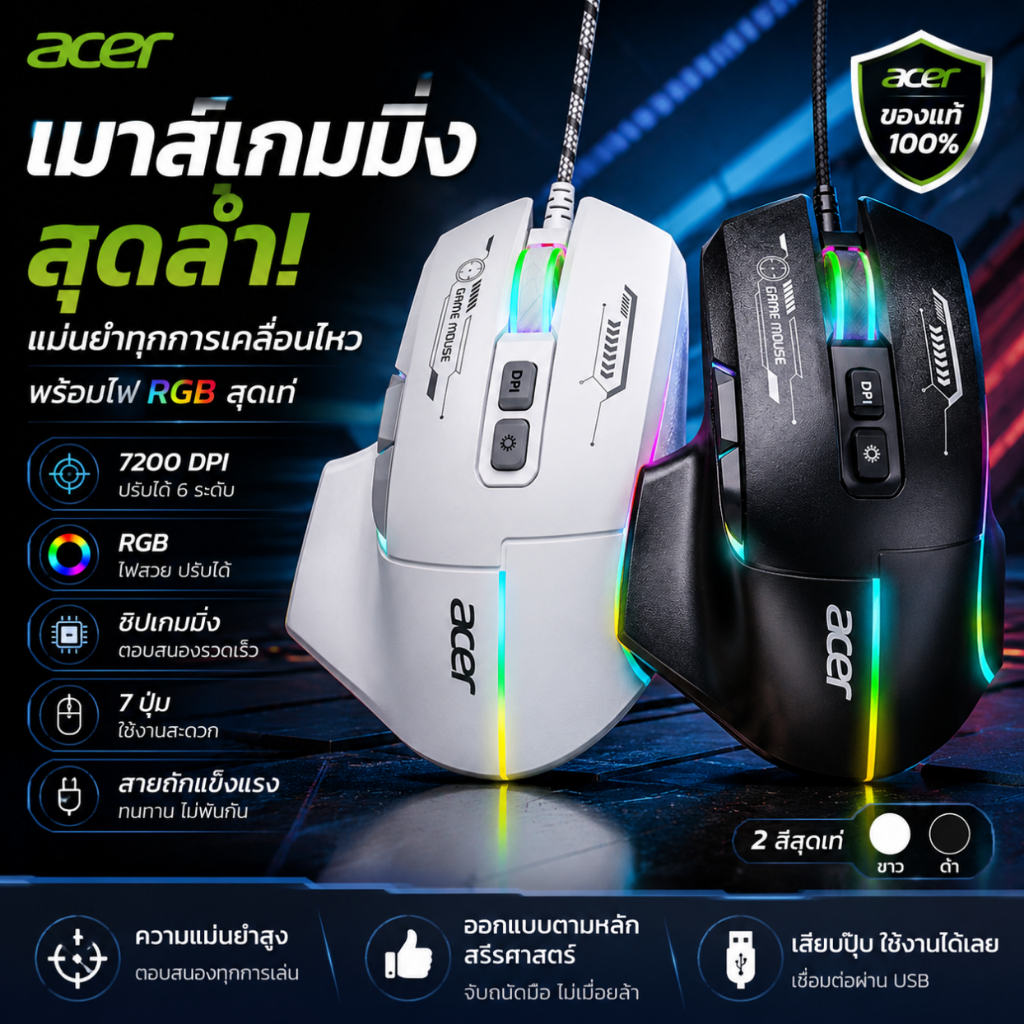 เมาส์เกมมิ่ง Acer OMW950 มีความละเอียด 7200 DPI ไฟRGB 7ปุ่ม ดีไซน์ตามหลักสรีรศาสตร์ เชื่อมต่อแบบมีสาย และมีให้เลือกสองสี