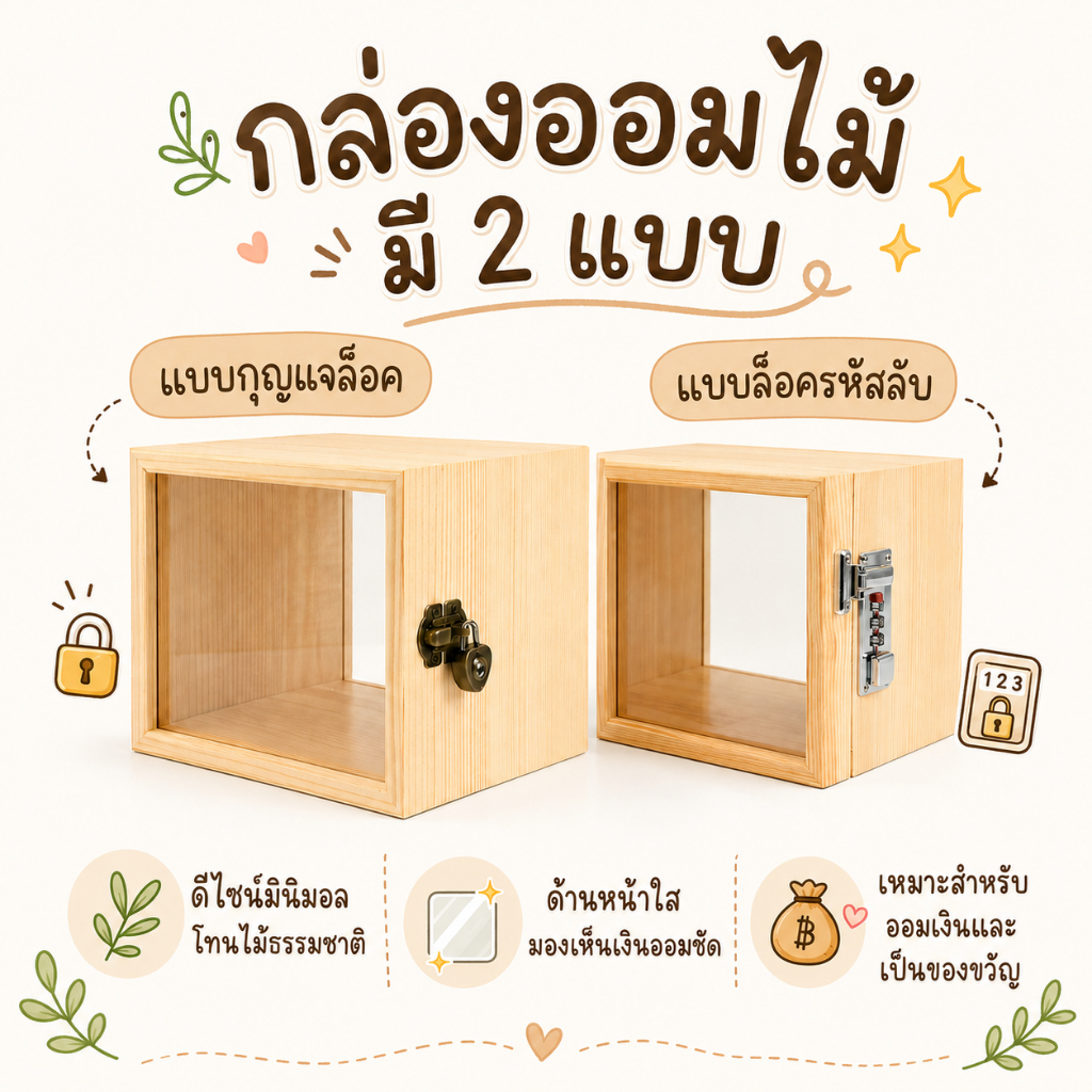 กล่องออมเงินไม้ล็อครหัสลับ ใช้ออมเงิน ใส่ของใส่ฟิกเกอร์ Art Toy ตกแต่งบ้าน