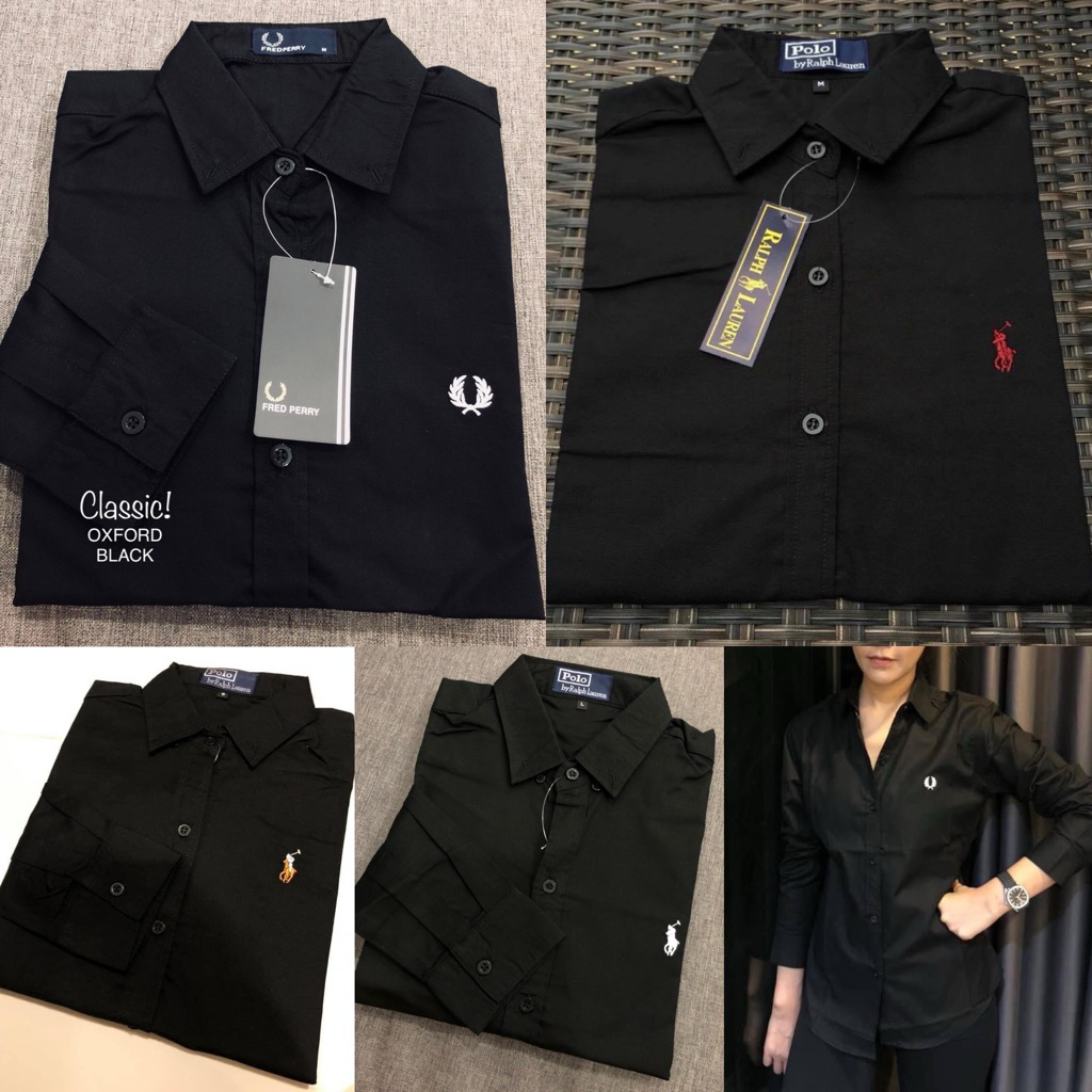 เสื้อเชิ้ตสีดำแขนยาวตรงปก ผ้าOxford มีให้เลือกหลายปัก ทรงตรง ใส่ได้ทั้งชายหญิง