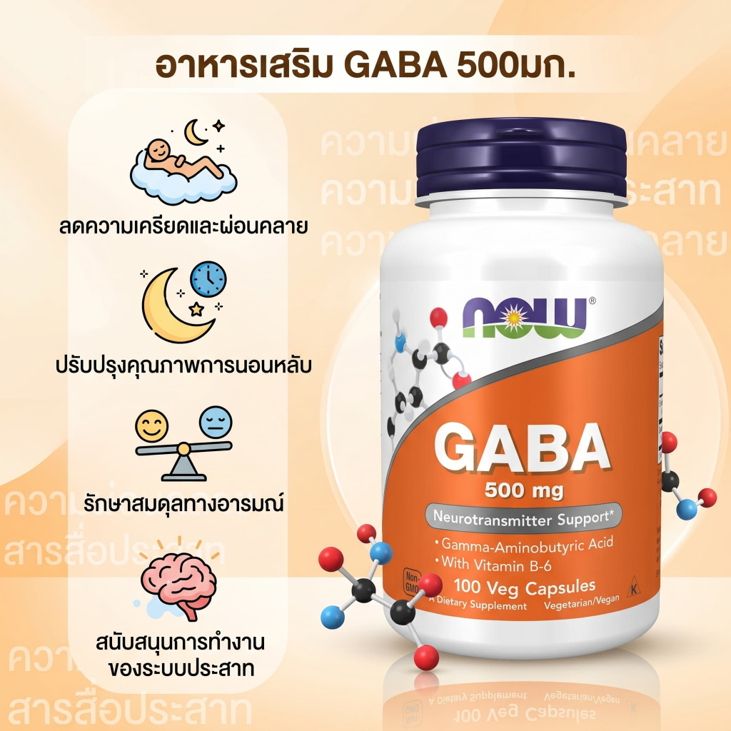 NOW กาบา GABA 500 มิลลิกรัม ผ่อนคลายความเครียด ปรับอารมณ์ ช่วยนอนหลับลึก 100 แคปซูลผัก