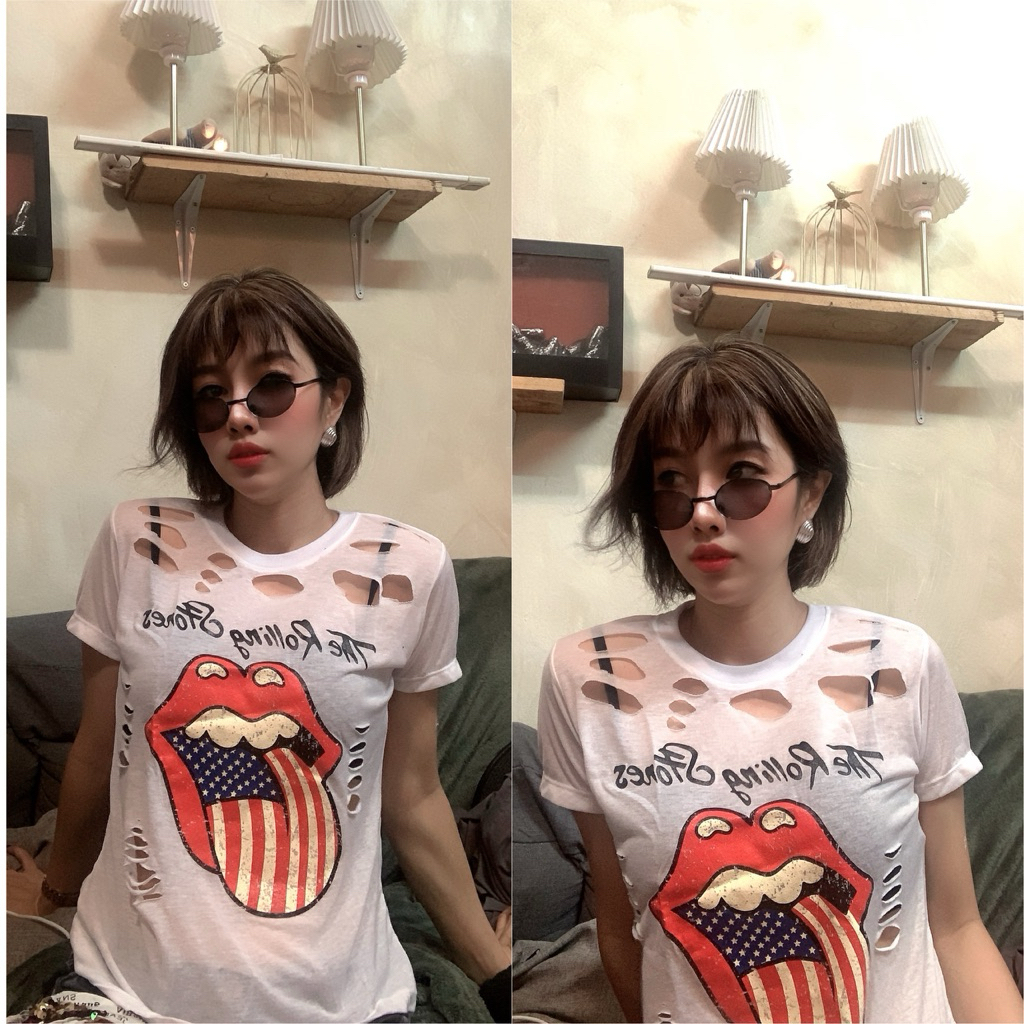🇹🇭เสื้อยืดผ้ามุ้งลายวง เก็บทรงอก36” ยืด10”+ /ยาว24”