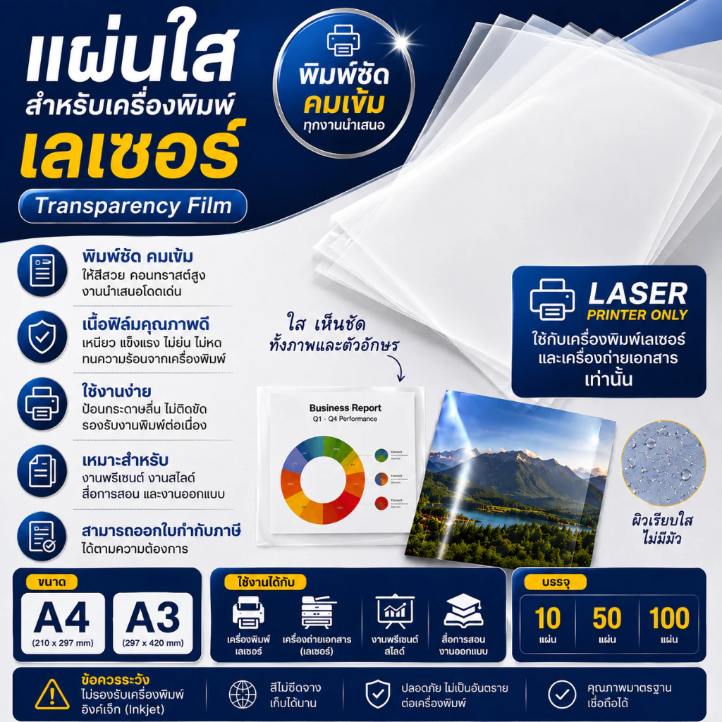 แผ่นใส สำหรับถ่ายเอกสาร A4-A3 แบ่งขาย (เครื่องปริ้นเลเซอร์)
