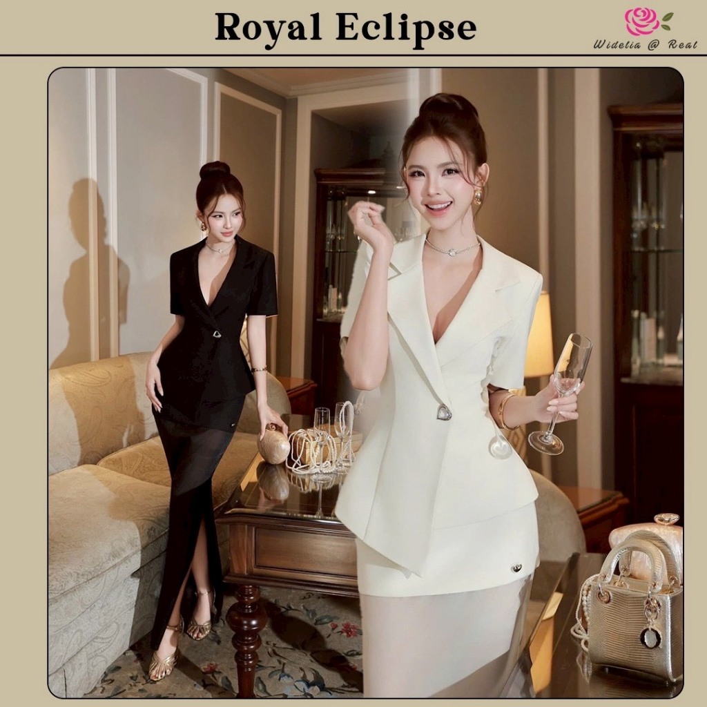 Royal Eclipse Set เสื้อเบเซอร์กับกระโปรงยาว เสื้อทรงป้าย ติดเข็มกลัดหัวใจ กระโปรงเอวสูง ผ่าแหวกด้านข้าง แต่งหัวใจซิปหลัง