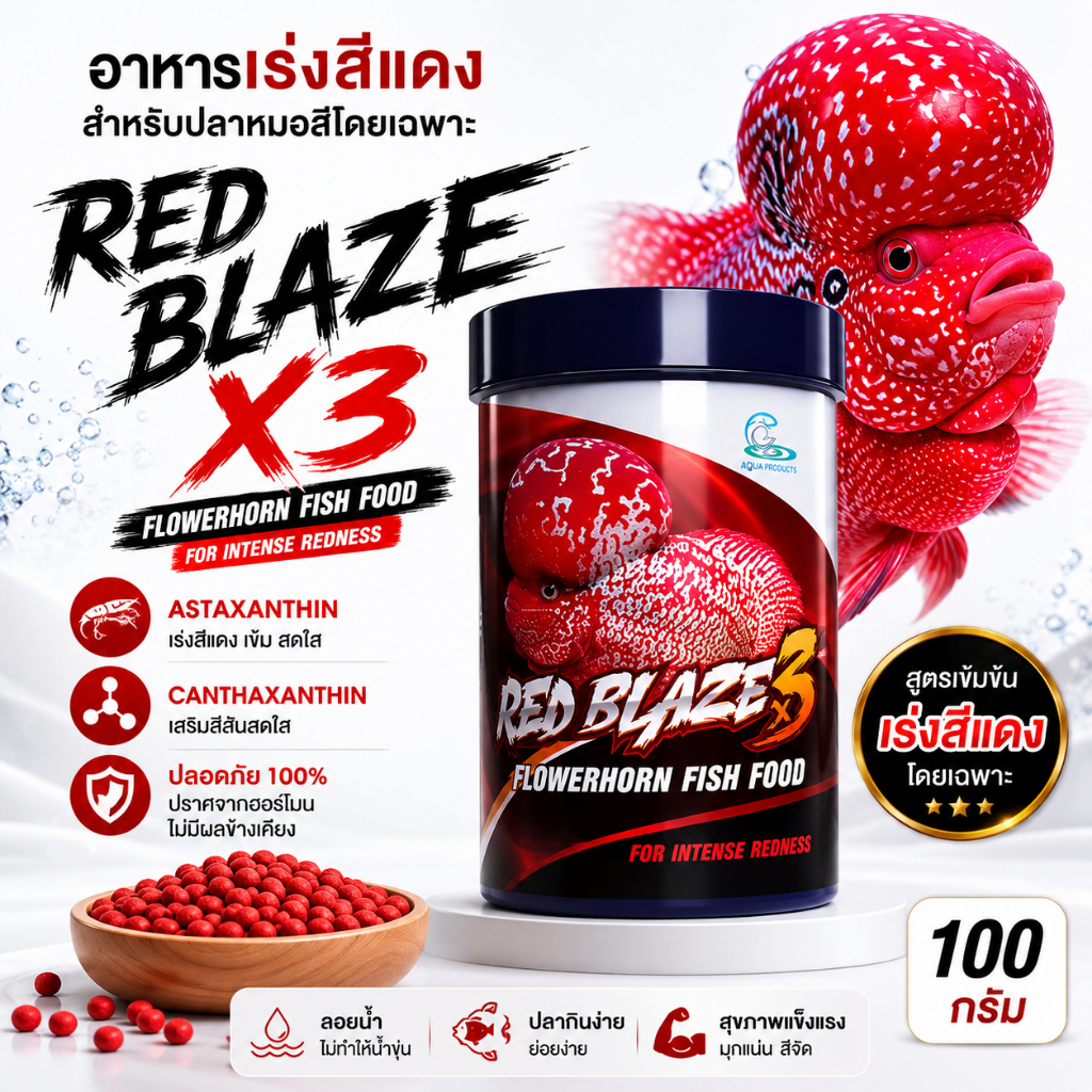 อาหารเร่งแดง Red Blaze X3 อาหารปลาหมอสีCZ เร่งสีแดง ปลาช่อนสี สูตรเข้มข้น สีสด มุกเด่น 100g