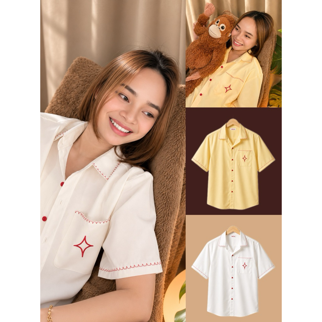 Lightme | Mellow Shirt เสื้อเชิ้ตผู้หญิงโอเวอร์ไซส์แขนสั้น ดีเทลงานปักด้ายและกระดุมแดง ใส่สบาย ไม่ร้อน แมตช์ง่าย มี 2 สี