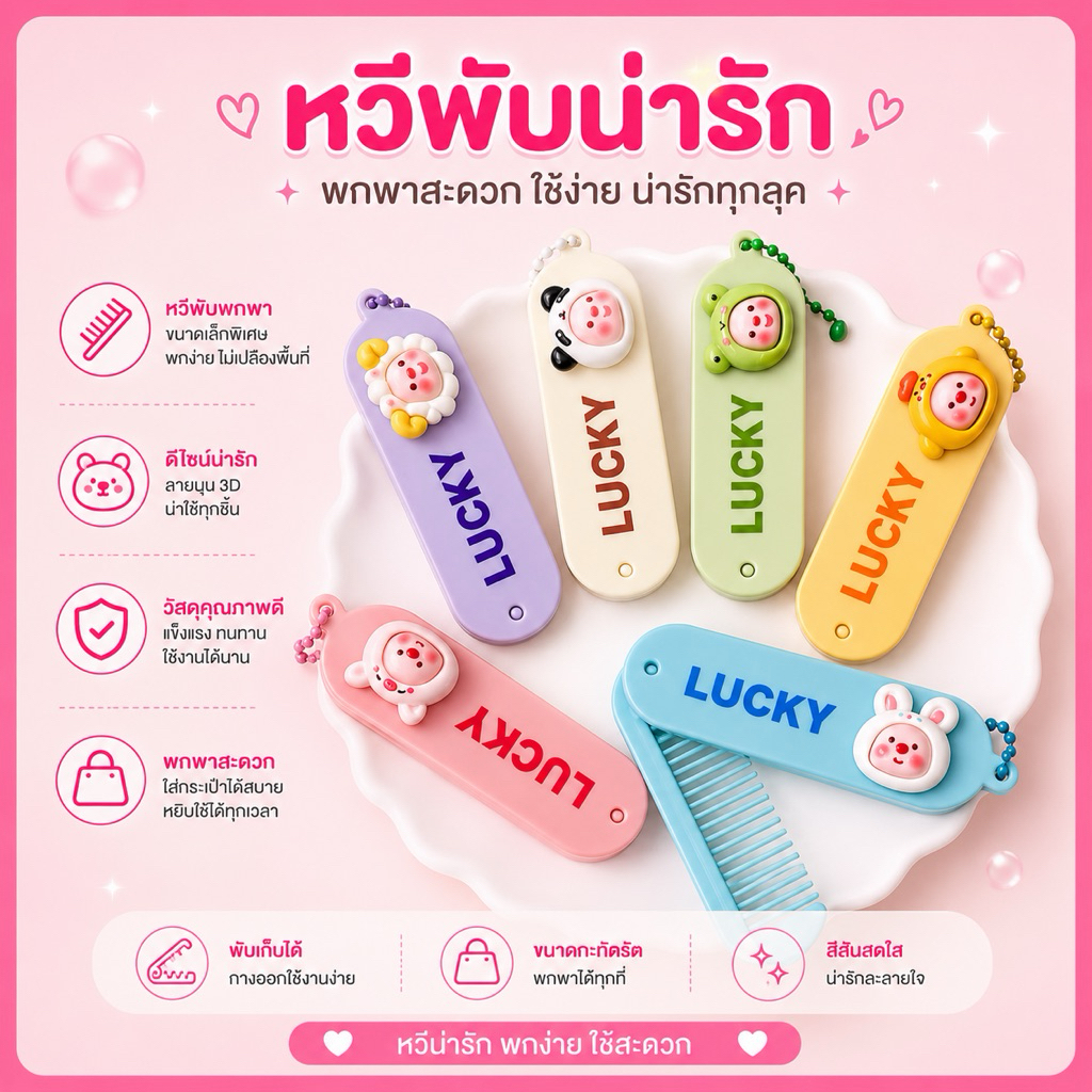 [1 ชิ้น] หวีพับ มินิ รูปสัตว์กาตูนว์สุดน่ารัก ขนาดเล็กพกพาสะดวก