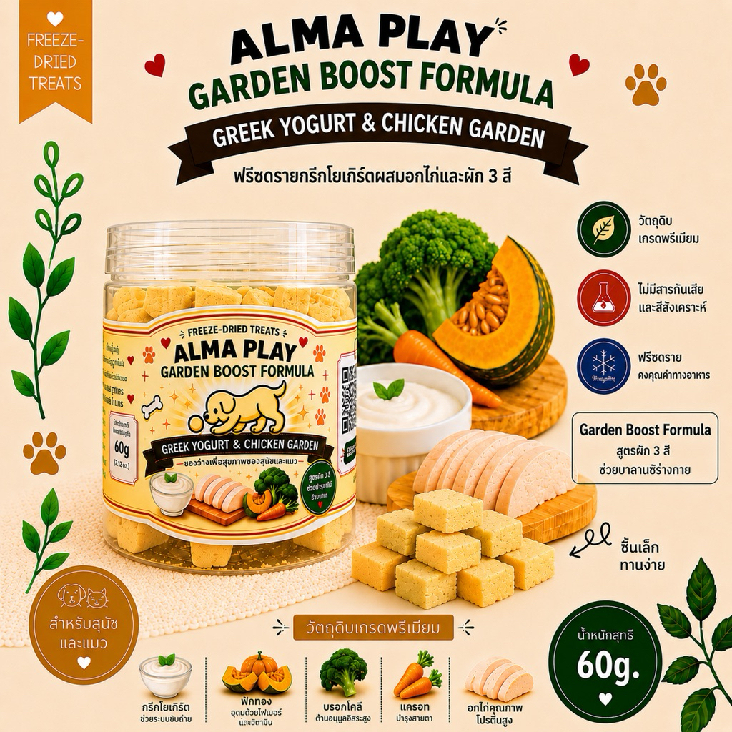 ขนมสุนัขและแมวกรีกโยเกิร์ตอกไก่และผัก 3 สี ฟรีซดราย ALMA PLAY - Garden Boost Formula ขนาด 60g