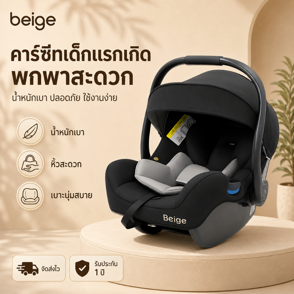 Beige คาร์ซีทกระเช้าเด็ก พกพาสะดวก น้ำหนักเบา เบาะนุ่ม ปลอดภัย ใช้งานง่าย สำหรับทารกแรกเกิด