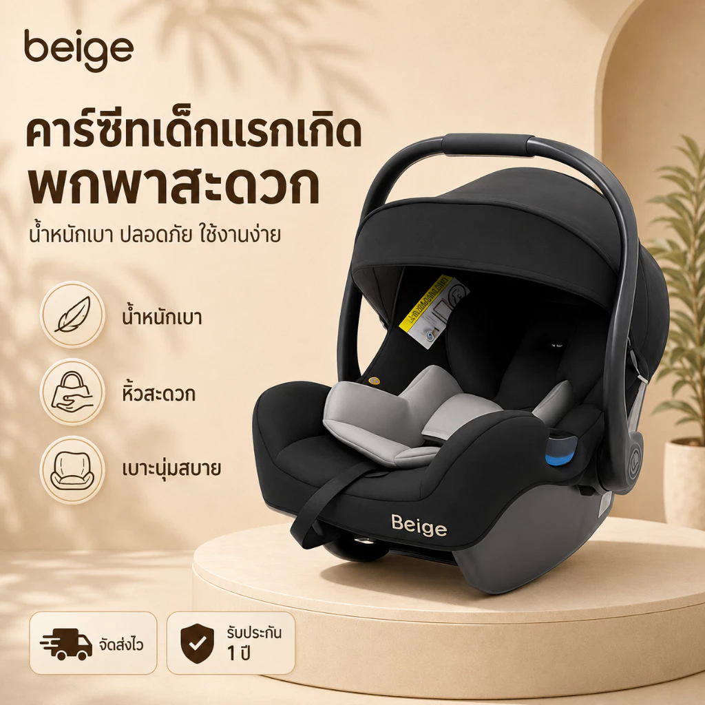 Beige คาร์ซีทกระเช้าเด็ก พกพาสะดวก น้ำหนักเบา เบาะนุ่ม ปลอดภัย ใช้งานง่าย สำหรับทารกแรกเกิด