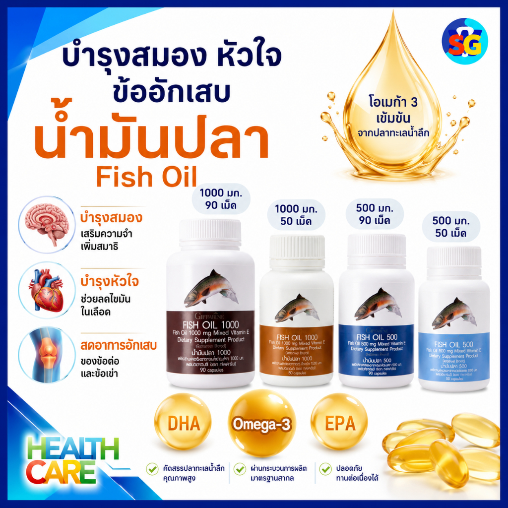 น้ำมันปลา fishoil บำรุงสมอง ข้ออักเสบ  1000 มก. 500 มก. ดีเอชเอ อีพีเอ giffarine