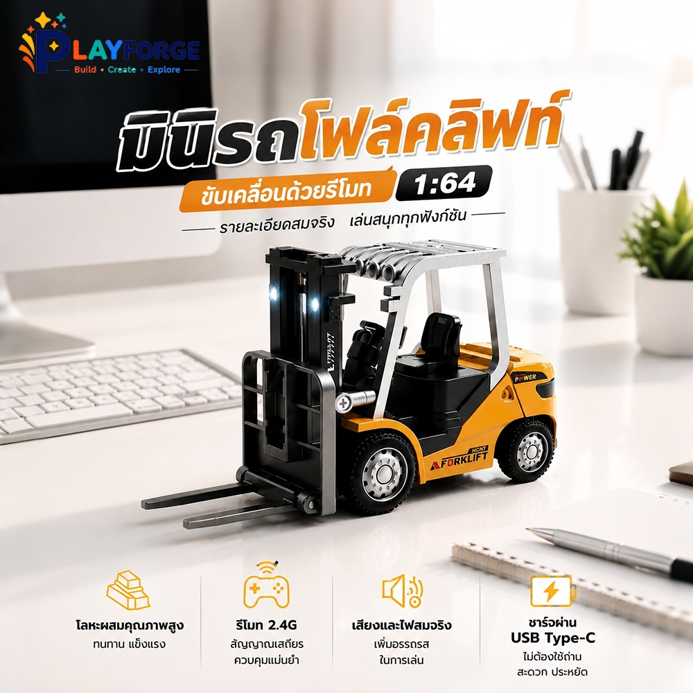 Mini RC รถโฟล์คลิฟท์บังคับ 1:64 อัลลอยด์ รีโมท 2.4G ขนาดจิ๋ว เล่นเพลิน ตั้งโต๊ะได้