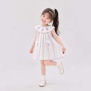 Hania kids พร้อมส่ง ชุดเดรสกระโปรงลายทางสีพาทเทล ลายปัก เนื้อผ้าฝ้าย ชุดเด็กผู้หญิง K4124898