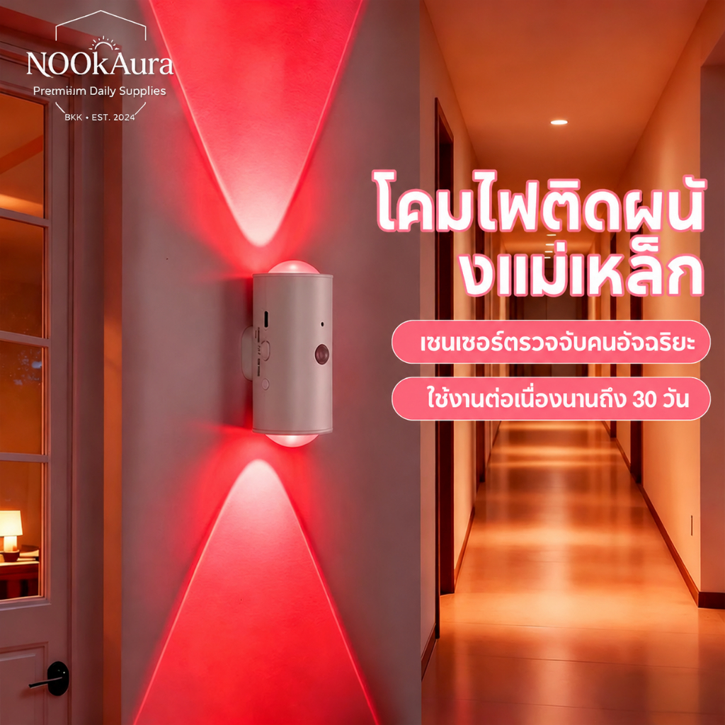 NOOKAURA ไฟเซ็นเซอร์ติดผนัง 2หัว ไฟติดผนังไร้สาย เปลี่ยนสีได้ 8สี แม่เหล็กอัจฉริยะ ไฟส่องทางเดิน ห้องนอน แบตอึด30วัน