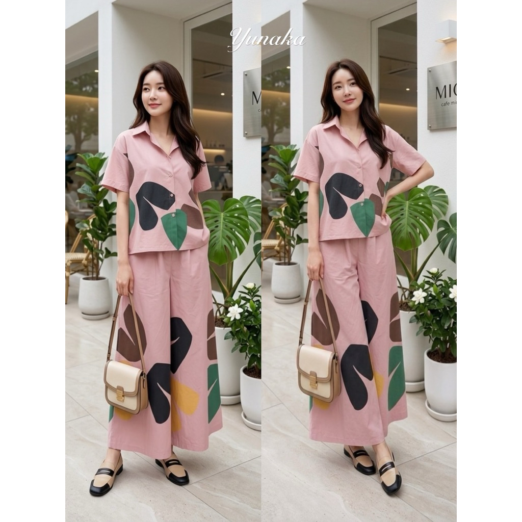 ชุดเซ็ท 2 ชิ้นเสื้อเชิ้ตแขนสั้น+กางเกงขายาวผ้าใส่สบายลายสวยไซค์ใหญ่ค่ะ