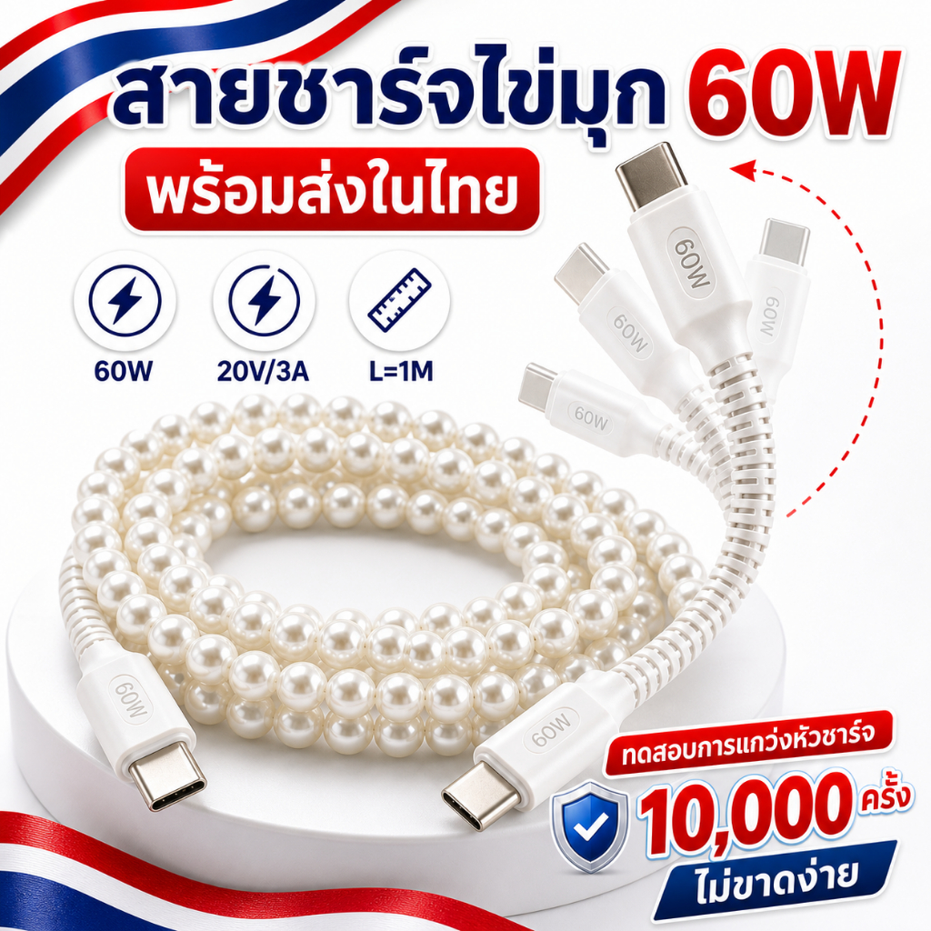 🚚ส่งจากไทย🚚สายชาร์จไข่มุก Type-C to Type-C 60W ยาว 1M ชาร์จเร็ว ดีไซน์น่ารัก ทนทาน ไม่ขาดง่าย พร้อมส่งจากไทย