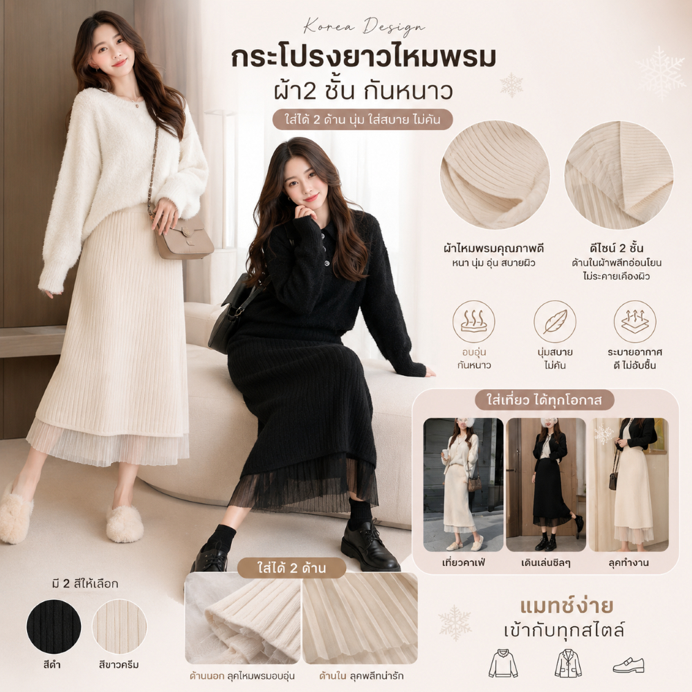 กระโปรงยาวไหมพรมกันหนาวผ้า 2 ชั้น korea design ใส่ได้ 2 ด้าน