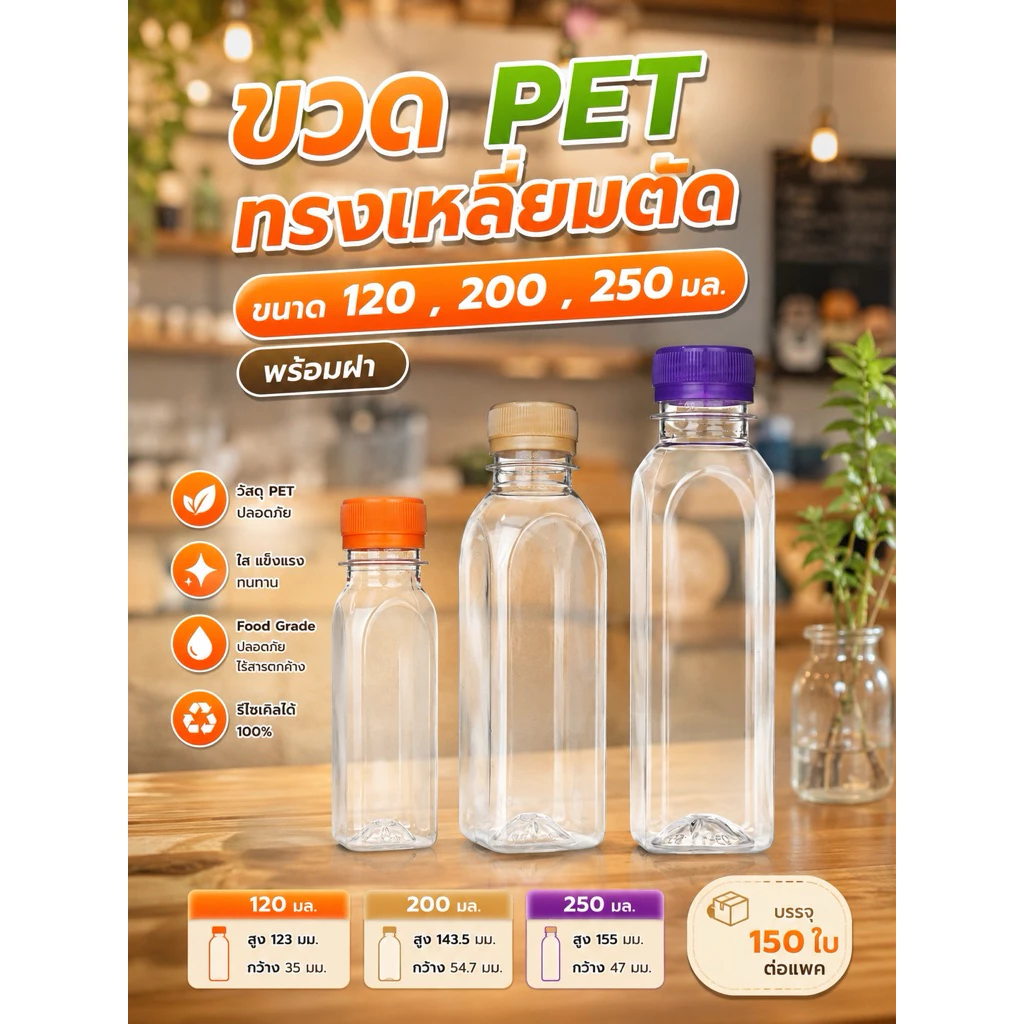 แพ็คใหญ่ (150 ใบ) ขวดพลาสติก ทรงเหลี่ยมตัด