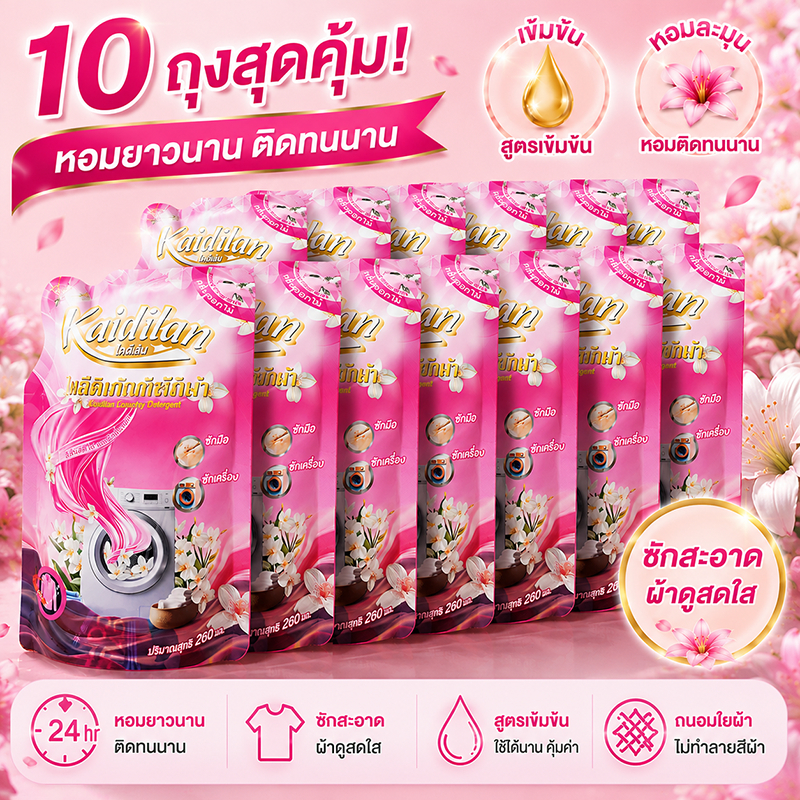 Kaidilan น้ำยาซักผ้า สำหรับซักผ้า คุณภาพสูง 260ML ซื้อ 5 ถุง แถมฟรี 5 ถุง ผลิตภัณฑ์คุณภาพ ใช้สำหรับซักผ้า น้ำยาซักผ้า