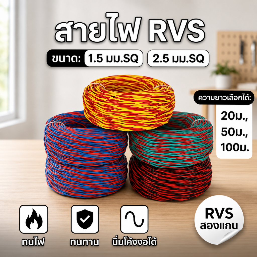 สายไฟตีเกลียว RVS 2 แกน หน่วงไฟ ทนการเสียดสี สำหรับงานระบบดับเพลิง สายอ่อนใช้งานวิศวกรรมและภายในบ้าน