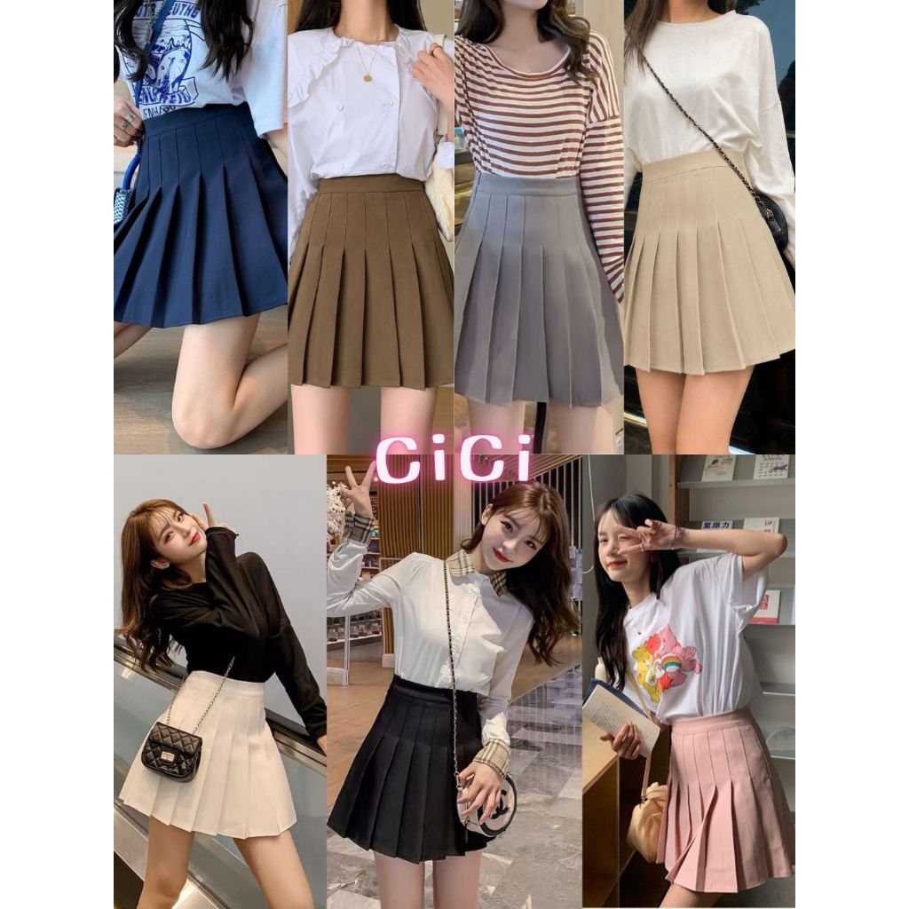 ส่งทันทีCici (No. 003/8812) กระโปรงเทนนิสเอวสูง สีพื้น มีกางเกงซับใน สไตล์สาวเกาหลี
