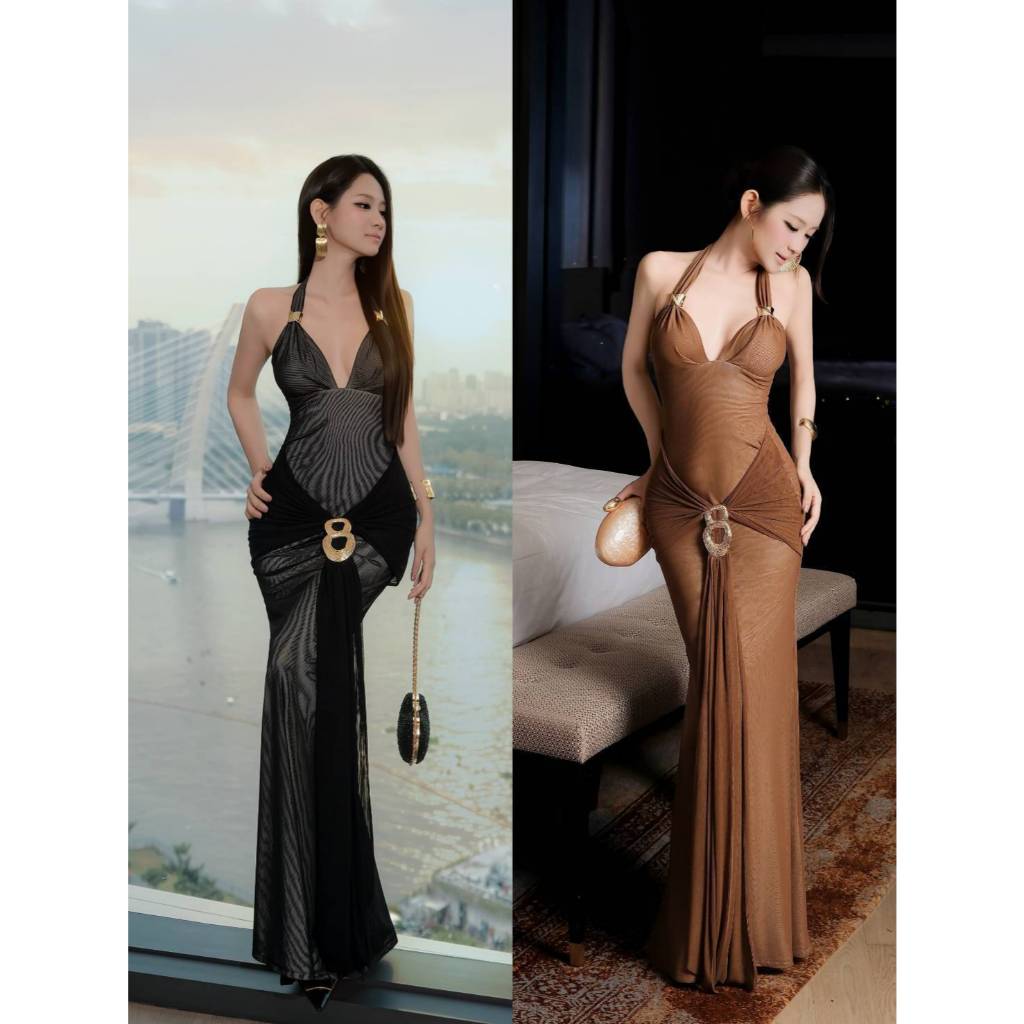 TBB Brand: เดรสยาวคล้องคอผ้ายืดซีทรู คอวีลึก เอวจับจีบพร้อมเข็มกลัด