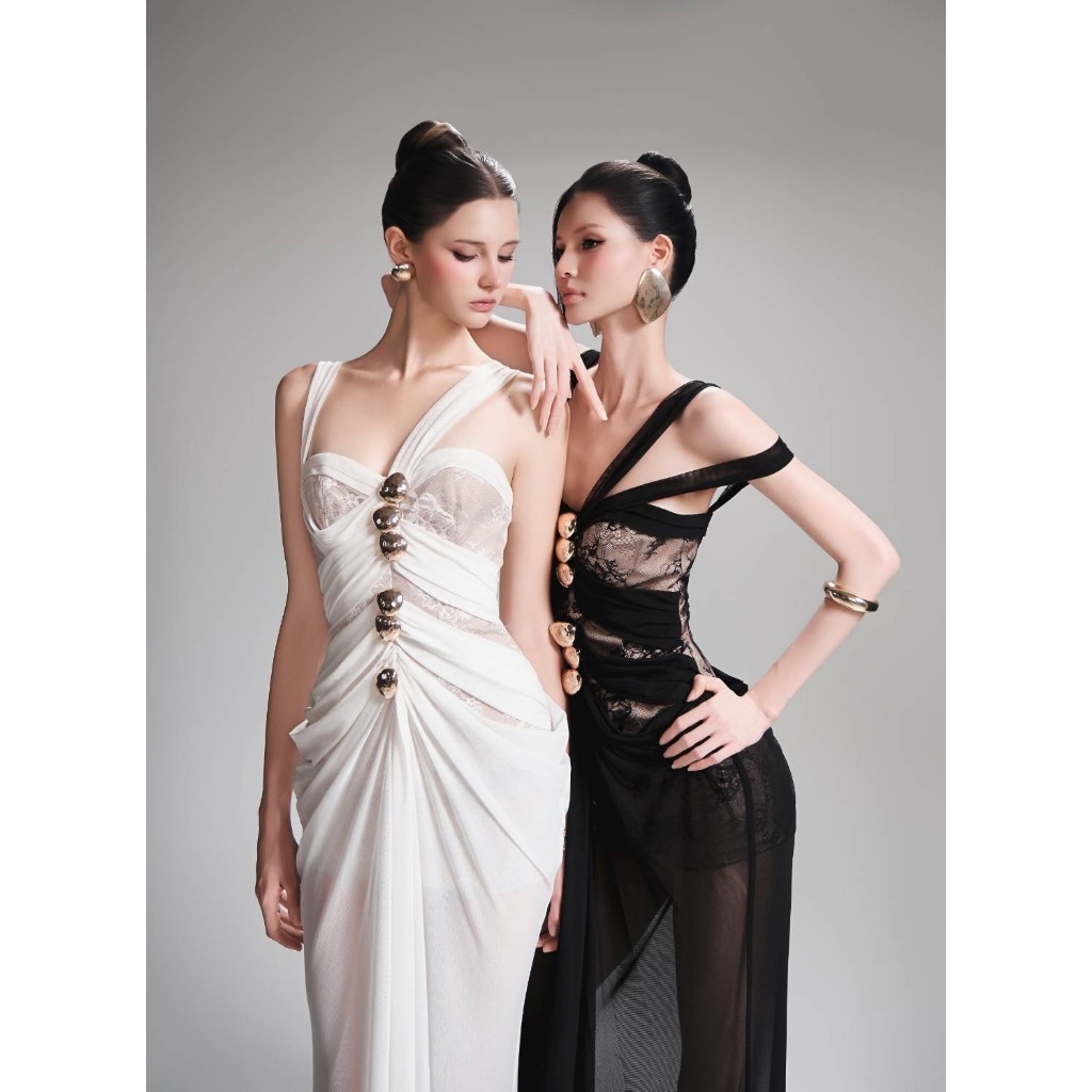 TBB Brand: เดรสยาวผ้าลูกไม้ผสมซาตินพร้อมอะไหล่