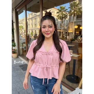/BB/ เสื้อผูกโบว์หน้า ไซส์อก42-48 ทรงน่ารัก แขนพองมีมิติ 6สีสวย #สาวอวบอ้วน พลัสไซส์
