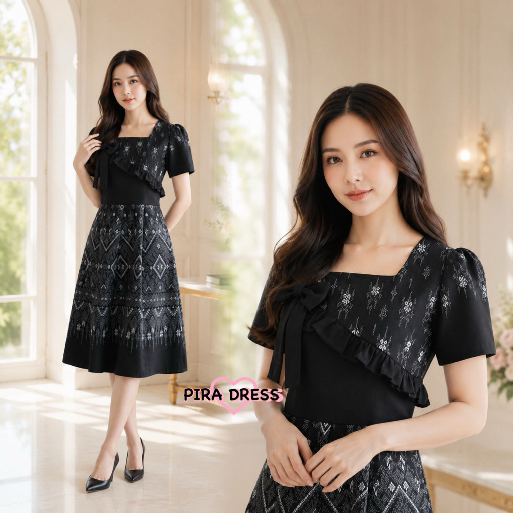 PIRA DRESS เดรสผ้าฝ้ายอัดกาวทั้งชุด สีดำ ดีไซน์หรูหรา แต่งกั๊กและโบว์ ทรงเข้ารูป ใส่สบาย
